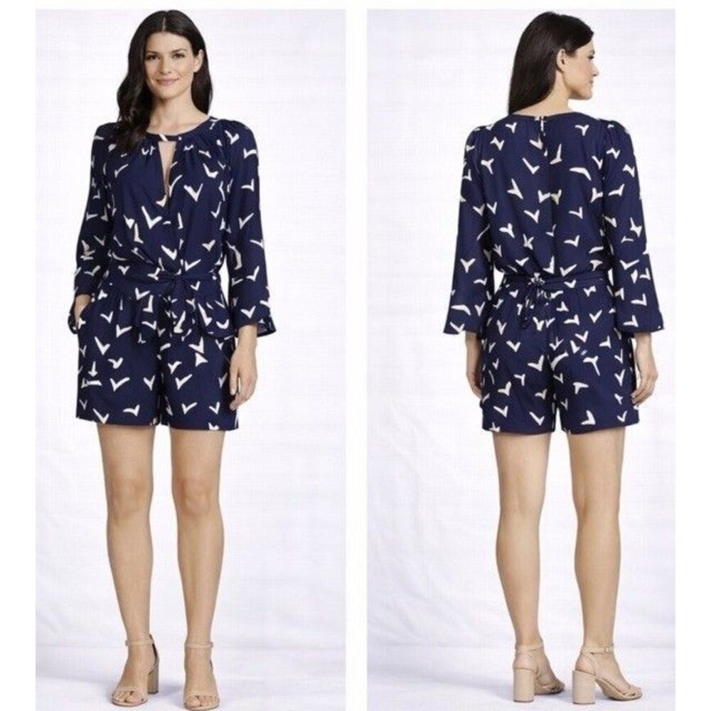 Anthropologie Leifsdottir Indigo Romper Scattered Wings Long Sleeve Shorts Sz 4
